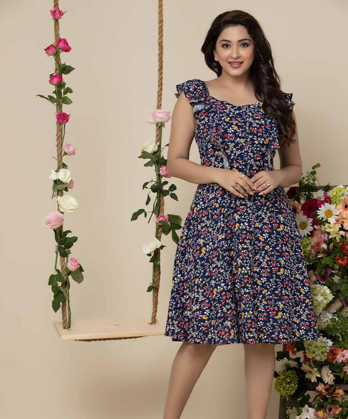 Square Necked Printed Sleeve Frilled Dress